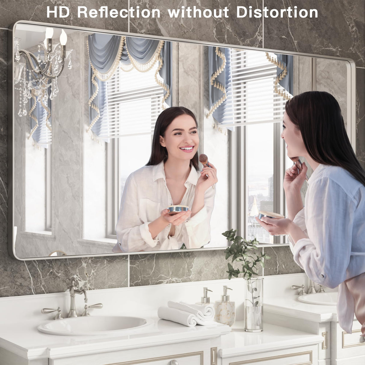 ISKM Brushed Silver Bathroom Mirror, 55 x 30 Inch Rounded Rectangle Silver Metal Frame Mirror for Wall Modern Vanity Mirror (Horizontal/Vertical) ISKM