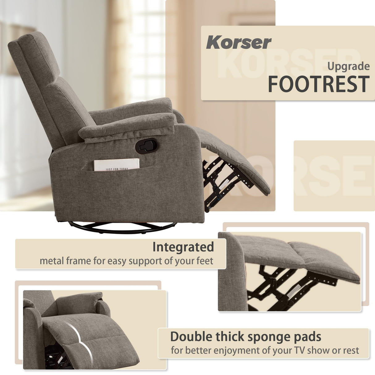 Korser Recliner Chairs, Swivel Rocking Recliner Chair for Adults, Glider Rocking Chair, Small Nursery Recliner for Living Room, Reclining with Modern-Designed Armrests, Chenille, Brown Korser