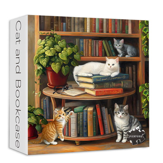 PICKFORU Cat Puzzles for Adults 1000 Pieces, Vintage Library Book Puzzle Cat Bookshelf, Difficult Challenging Kitten Jigsaw Puzzle as Home Decor