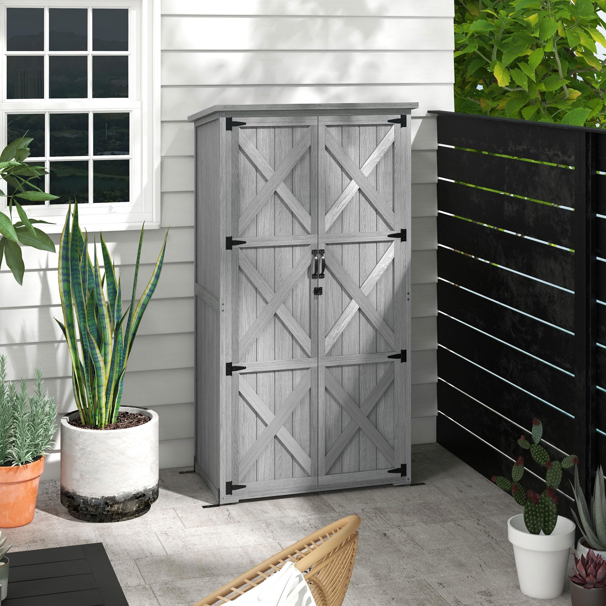 Outsunny Wooden Garden Shed, Outdoor Storage Cabinet with Waterproof Asphalt Roof, Narrow Tool Shed with Shelves and Lockable Doors, Gray - WoodArtSupply