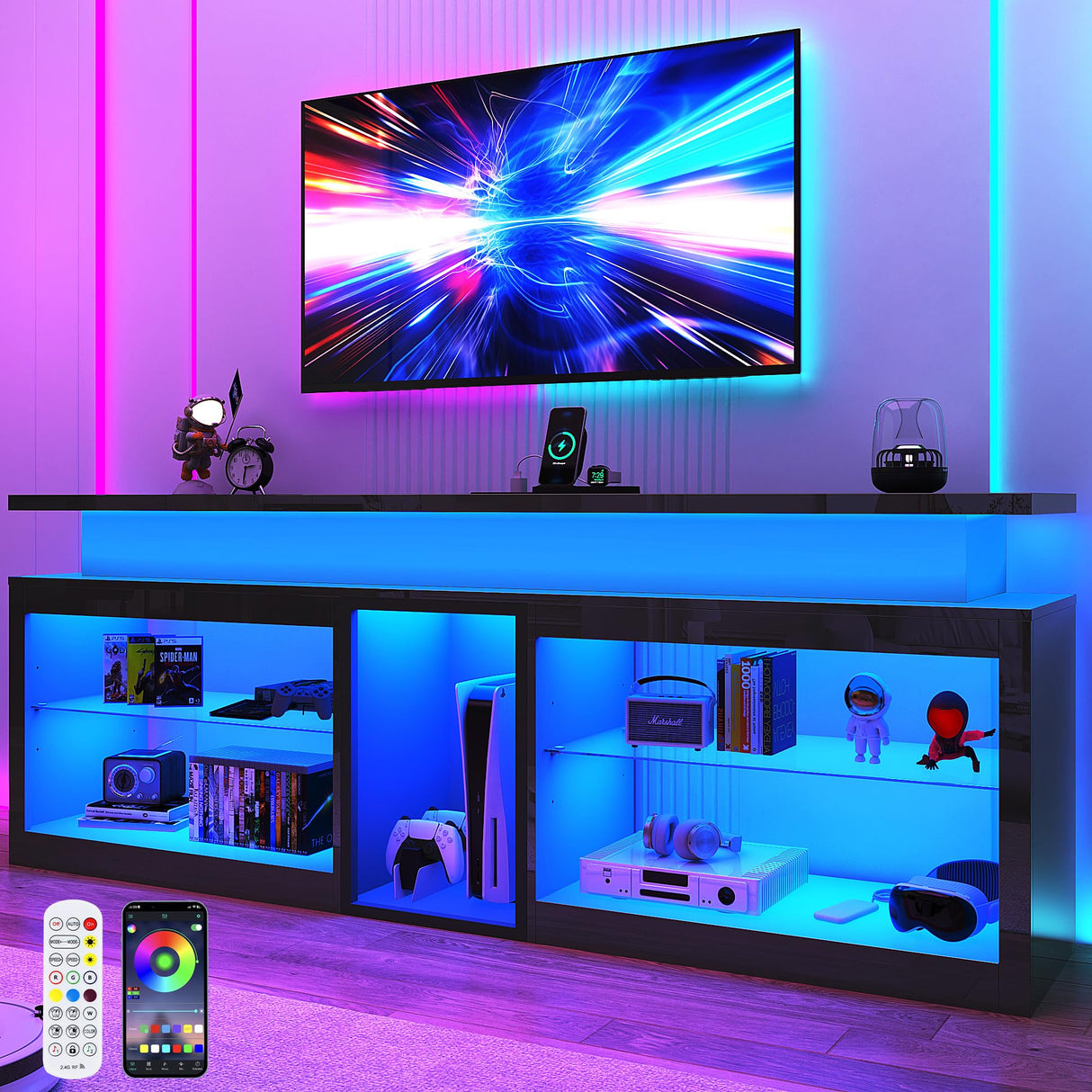 71" LED TV Stand with Power Outlet,60-Colors LED Lights for 65 70 80 in TV,High Gloss Gaming Entertainment Center w/Adjustable Shelves,Black TV Console with Modern Design for Living Room Bedroom Hlivelood