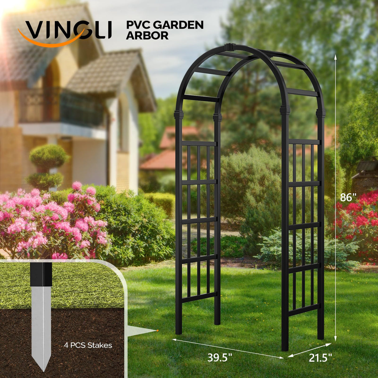 VINGLI Vinyl Garden Arbor, PVC Wedding Arch for Ceremony Party, Garden Trellis for Climbing Plants Outdoor, Arch Backdrop Stand for Garden, Backyard, Lawn (Black) VINGLI