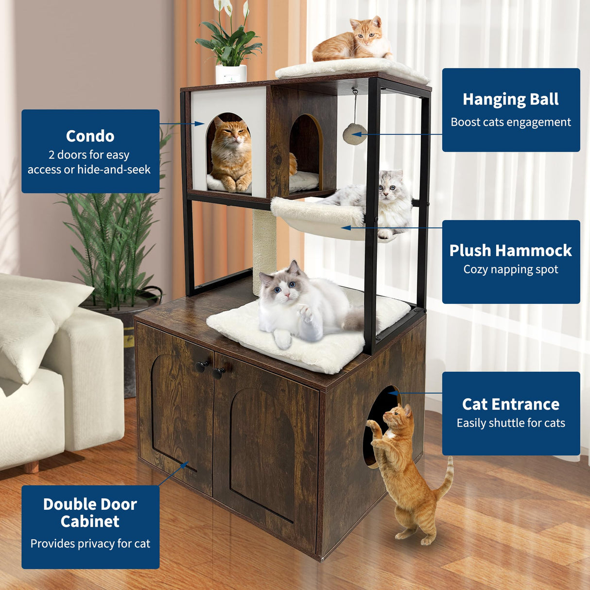 Litter Box Enclosure with Cat Tree, Corner Kitty Litter Box Enclosure Furniture Dog Proof Wooden Cats Cabinet with Condo, Plush Hammock, Scratching Post and Play Ball GarveeLife