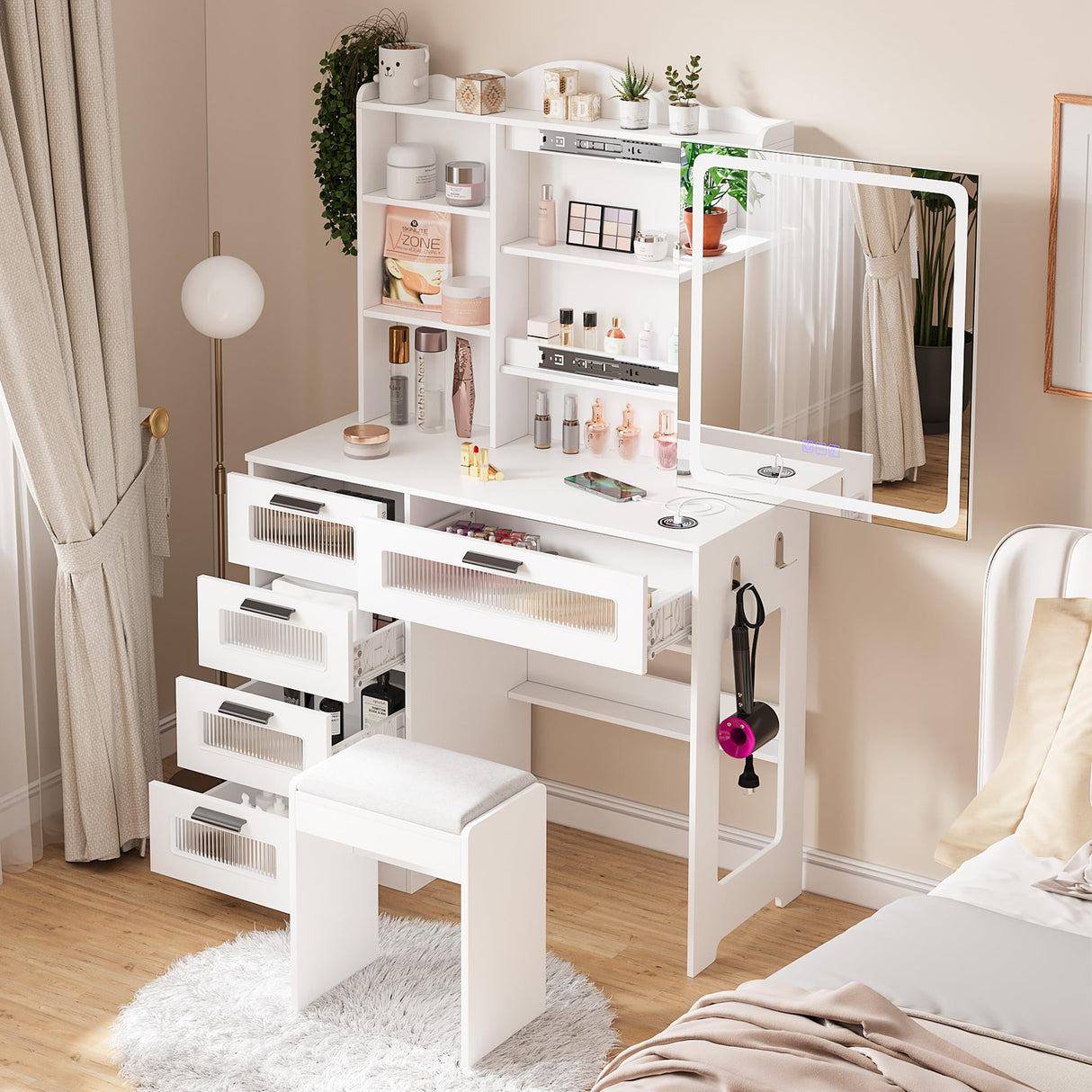 HNEBC Vanity Desk with Sliding Mirror and LED Lights, RGB Vanitys with Charging Station, Makeup Vanity with Remote Control, White Dresser with Stool/Lager Drawers for Bedroom (White) HNEBC