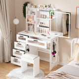 HNEBC Vanity Desk with Sliding Mirror and LED Lights, RGB Vanitys with Charging Station, Makeup Vanity with Remote Control, White Dresser with Stool/Lager Drawers for Bedroom (White) HNEBC