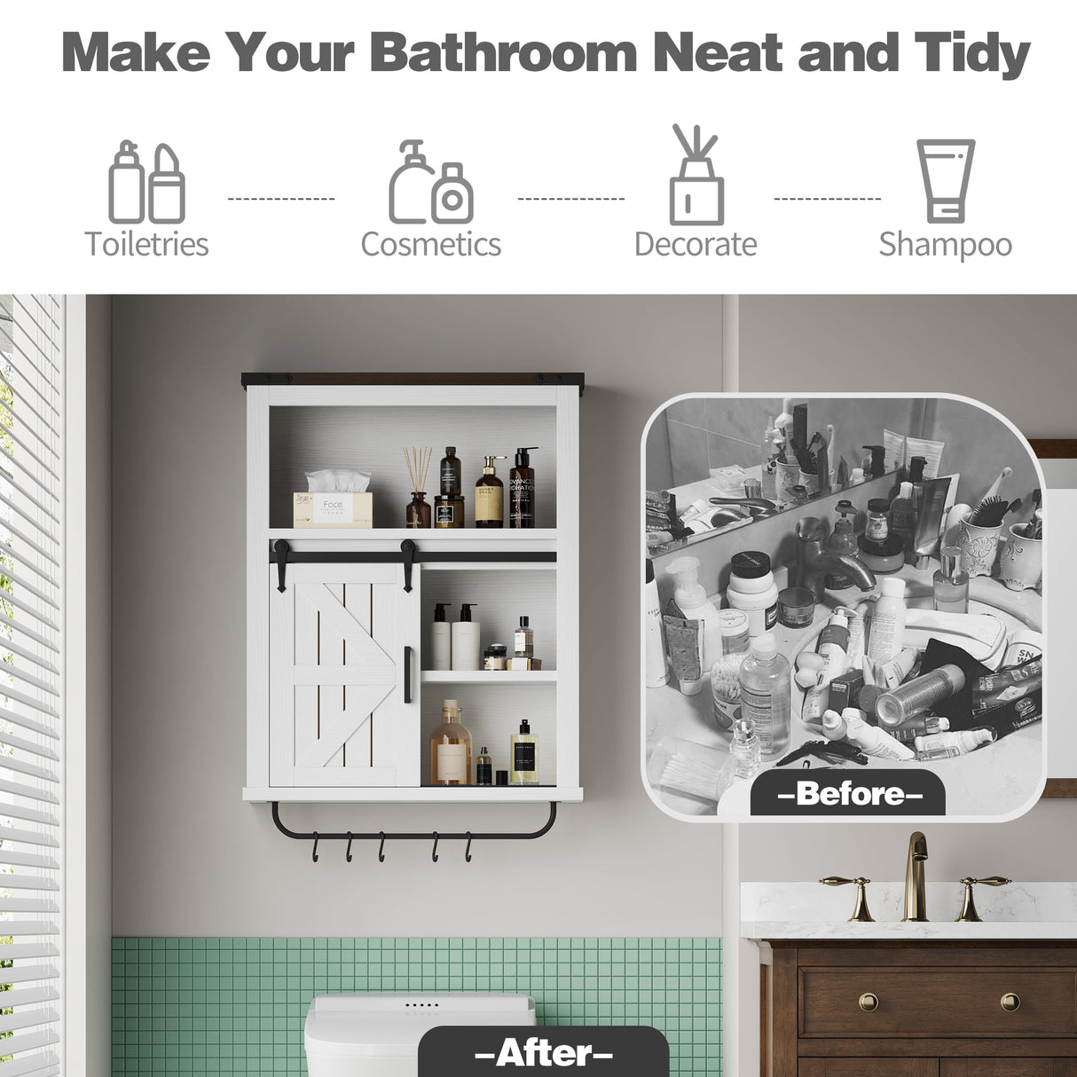 Vagaconl Bathroom Wall Cabinet, Farmhouse Medicine Cabinet Bathroom Cabinet Wall Mount with Barn Door Adjustable Shelves Towel Bar Hooks, for Laundry Bathroom Kitchen(Brown & Vintage White) Vagaconl