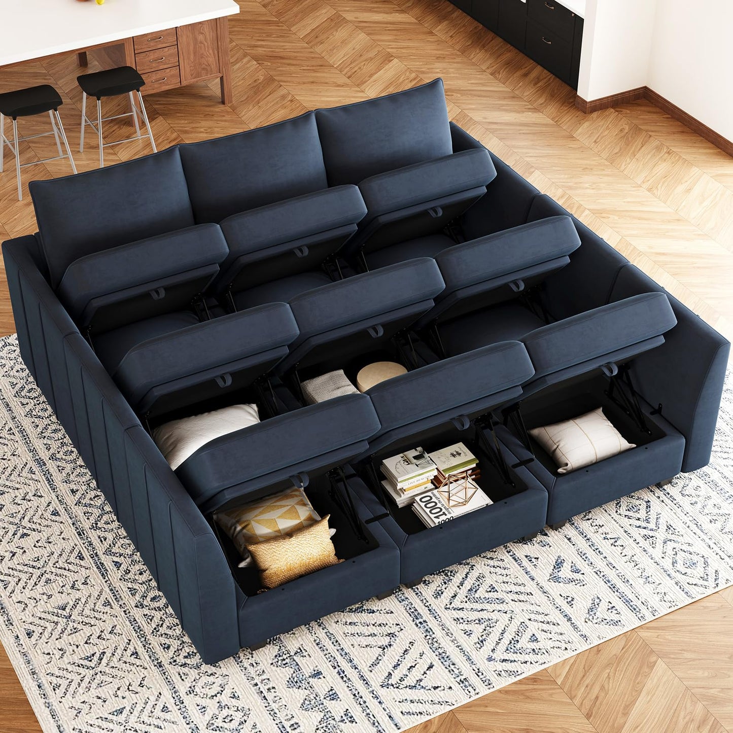 Belffin Large Modular Sectional Sofa Sleeper Sectional Couch with Storage Velvet Sectional Sofa Bed for Living Room, 9 Seats, Blue