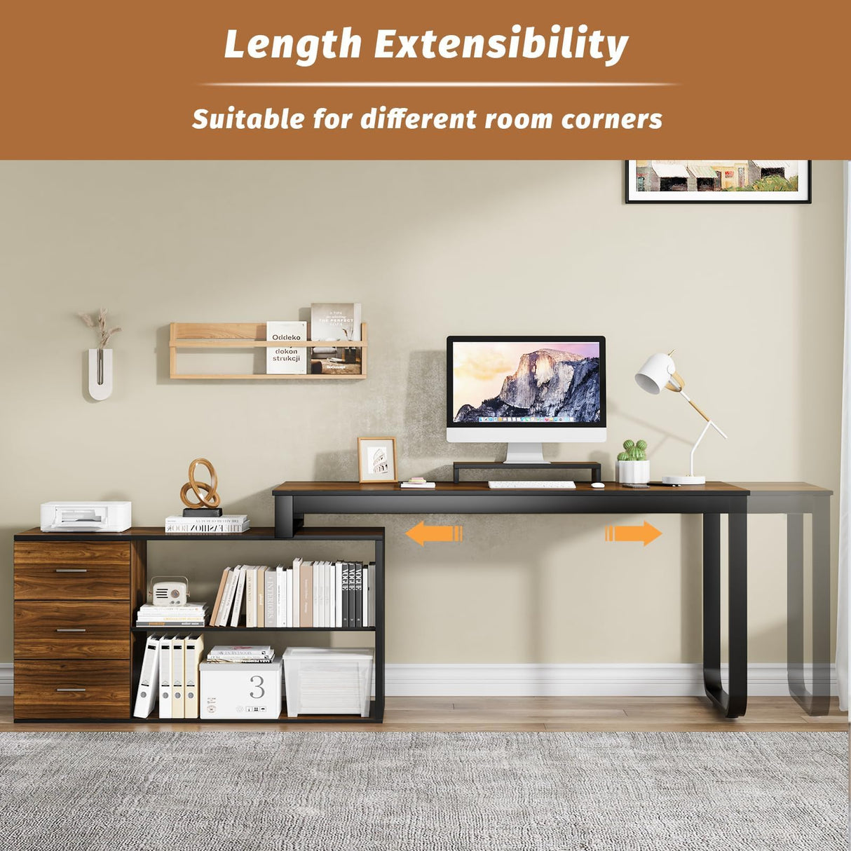 HOMBCK Home Office Computer Desk with 3 Drawers and Shelves, 55 Inch L Shaped Desk with Adjustable Shelves, Craft Table with Storage, Reversible L Shaped Desk, Modern Office Desk, Black Walnut HOMBCK