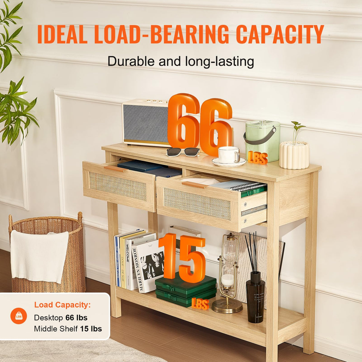 VEVOR Rattan Console Table with 2 Storage Drawers, Rattan Entryway Table with Natural Rattan Sliding Door, Console Sofa Table for Living Room, Study, Entryway Or TV Wall, Natural VEVOR