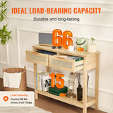 VEVOR Rattan Console Table with 2 Storage Drawers, Rattan Entryway Table with Natural Rattan Sliding Door, Console Sofa Table for Living Room, Study, Entryway Or TV Wall, Natural VEVOR