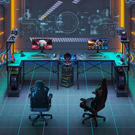 Bestier 42 L Gaming Desk,Computer Desk with Power Outlets, LED Lights, Reversible Corner Desk with 4-Tier Shelves,Cup Holder & Hook Black Marble Bestier