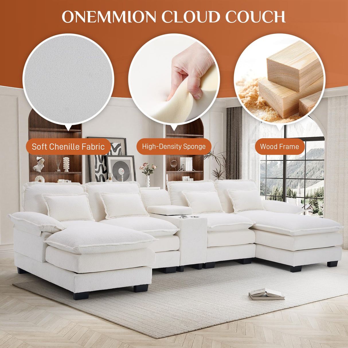 ONEMMLION U Shaped Cloud Couch Sectional Sofa, 124" Comfy Fluffy Chenille White Sectional Couches for Living Room with Double Chaise Lounge, Modern Modular Sectional Sofa with Central Console USB Port ONEMMLION