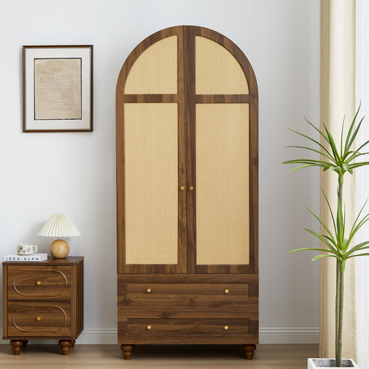 UHMUVFM Arched Armoire Wardrobe Closet with 2 Rattan Doors, Wooden Wardrobe Closet with 2 Drawers, Bedroom Armoires with Hanging Rod (Walnut)