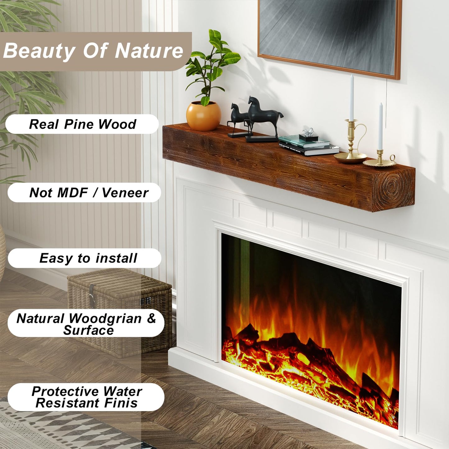 LOVMOR Floating Fireplace Mantel-60in Wood Mantels for Over Fireplace,Wall Mount Fireplace Mantel Shelves,Natural Mantels Over Fireplace | 48" x 8" x 5"-Wood Brown