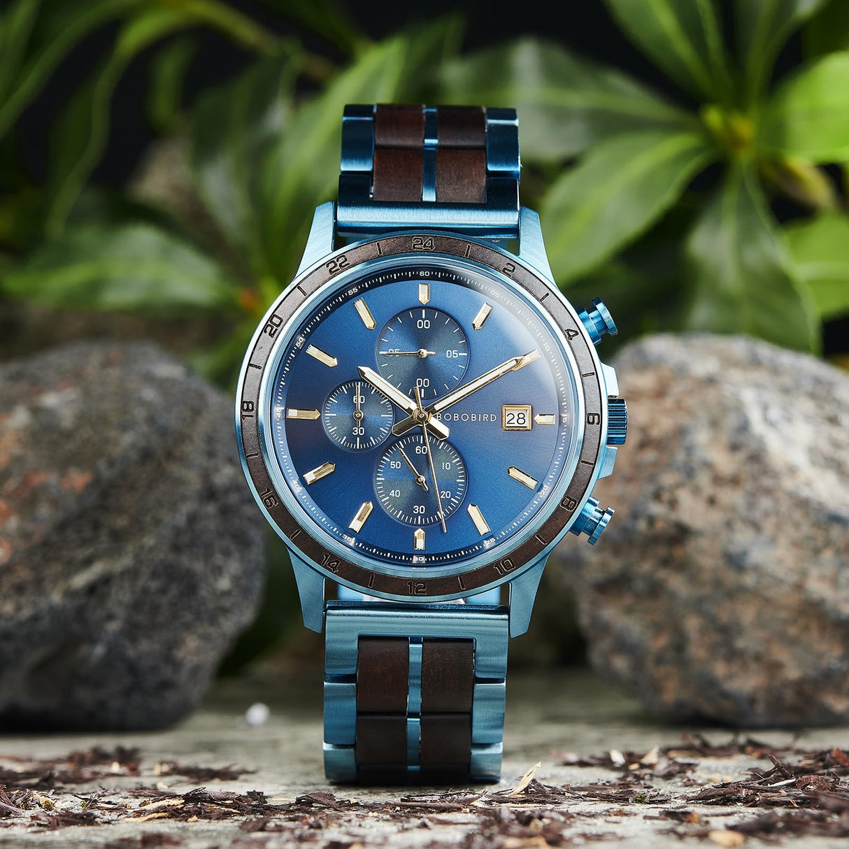 BOBO BIRD Men's Wooden Watch with Stainless Steel Wood Strap, Japanese Quartz Movement, Multi-Functional Chronograph Watch for Business and Daily Wear (Bule) BOBO BIRD