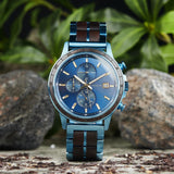 BOBO BIRD Men's Wooden Watch with Stainless Steel Wood Strap, Japanese Quartz Movement, Multi-Functional Chronograph Watch for Business and Daily Wear (Bule) BOBO BIRD