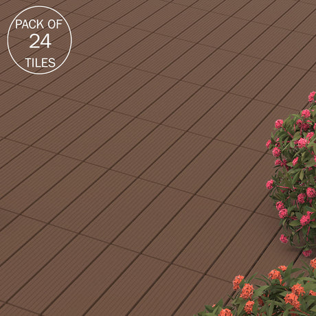 Pure Garden Patio and Deck Tiles - 24-Pack Interlocking 12x12 Wood Plastic Composite Weather-Resistant Outdoor Flooring Pavers (Brown) Pure Garden