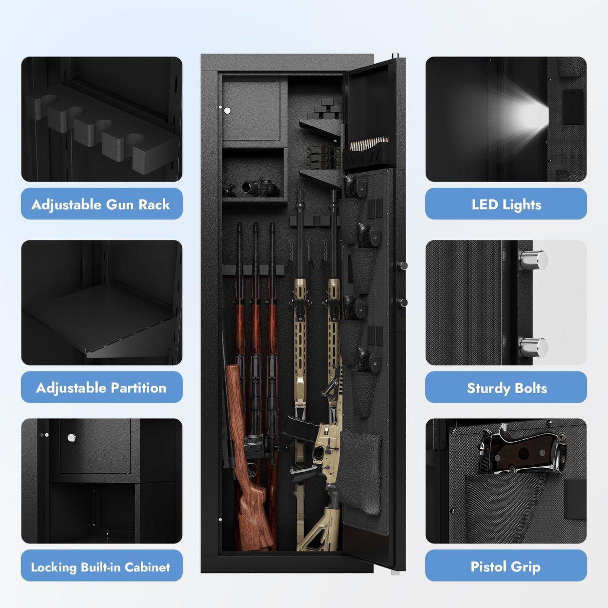 KAER Biometric Gun Safe for Rifle & Pistol, 10-14 Gun Capacity Large Rifle Safe with Fingerprint Lock, Adjustable Shelves, Silent Mode & Anti-Theft Alarm, Home Locking Cabinet for Firearms Storage KAER