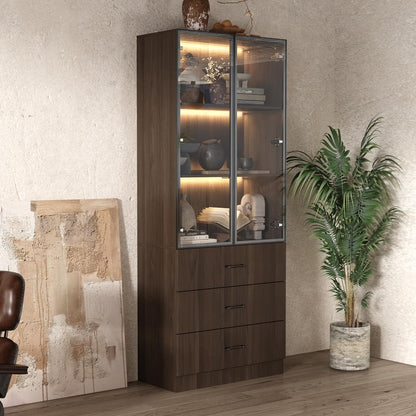 Homsee 31.5”W Storage Display Cabinet Curio Cabinet with Light & Pop-up Glass Doors, Bookcase with 3-Tier Shelves & 3 Drawers for Living Room/Home Office, Dark Brown (31.5”W x 15.7”D x 78.7”H)