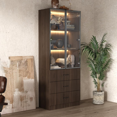 Homsee 31.5”W Storage Display Cabinet Curio Cabinet with Light & Pop-up Glass Doors, Bookcase with 3-Tier Shelves & 3 Drawers for Living Room/Home Office, Dark Brown (31.5”W x 15.7”D x 78.7”H) Homsee