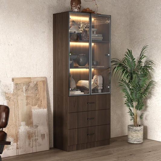 Homsee 31.5”W Storage Display Cabinet Curio Cabinet with Light & Pop-up Glass Doors, Bookcase with 3-Tier Shelves & 3 Drawers for Living Room/Home Office, Dark Brown (31.5”W x 15.7”D x 78.7”H)