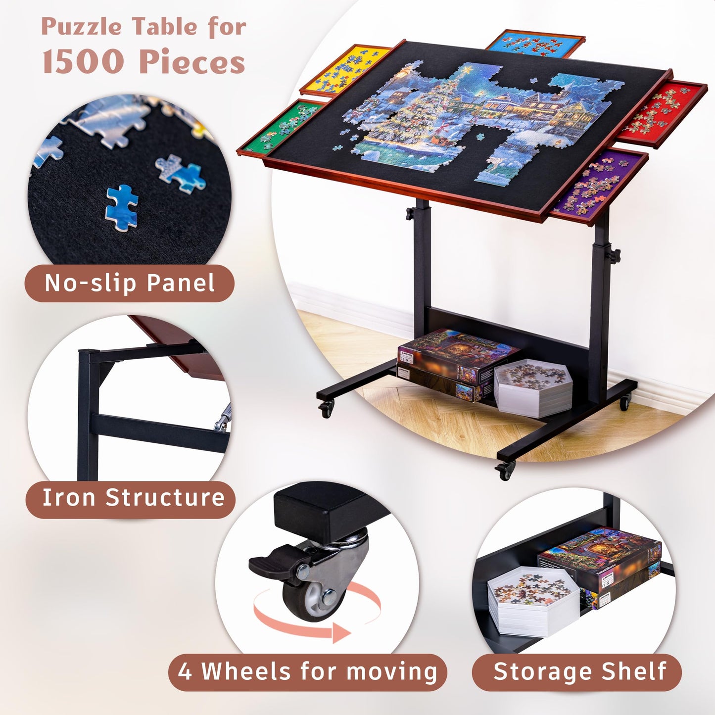 Becko US 1500 Pieces Jigsaw Puzzle Table/Board, Tilting Table/Board with Drawers & Height Adjustment, 5 Colored Sorting Trays with Proof-dust Felt Cover, Enclosed with 4 Wheels (Black)