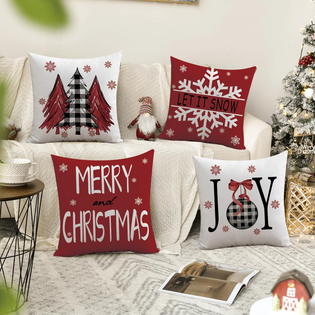 Mimkus Merry Christmas Red Throw Pillow Covers 18 x 18 Inch Set of 4 Christmas Joy Xmas Trees Winter Holiday Cushion Case for Sofa Couch Home Decor Mimkus