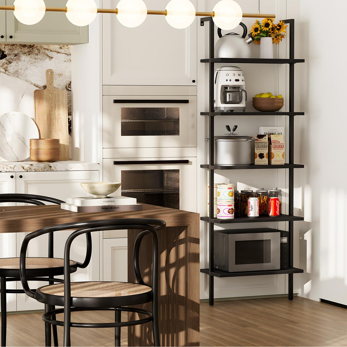 aboxoo Ladder Shelf 2PCS Open Bookshelf 5-Tier Wood Wall-Mounted Black Bookcase Storage Rack Open Industrial Modern Plant Stand Utility Organizer Bookcase Metal Frame Furniture Office Kitchen Bedroom aboxoo