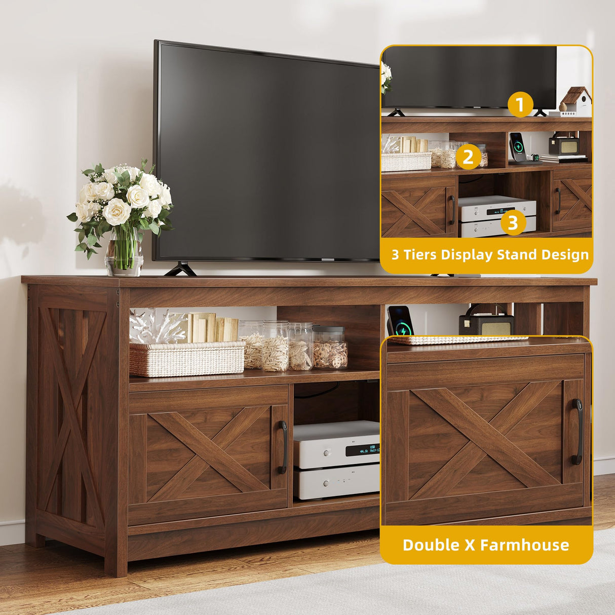 DWVO Farmhouse TV Stand for Television up to 65 Inch, Entertainment Center with Power Outlets and Open Shelf, Rustic TV Cabinet Media Console Table for Living Room, Walnut, 59 Inches DWVO