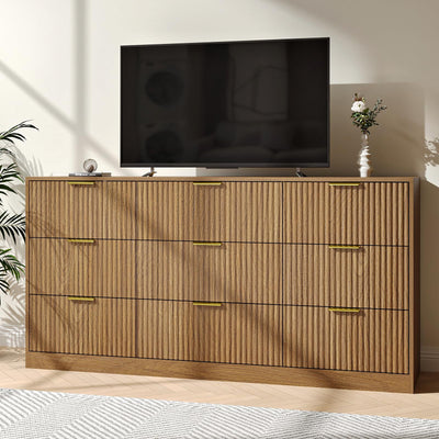 NOVAMAISON Dresser for Bedroom with 9 Drawer, 63” Wide Wooden Dresser Mid Century Chest of Drawers with Metal Handle, Dressers TV Stand Storage Organizer for Closet, Bedroom, Living Room, Natural Wood
