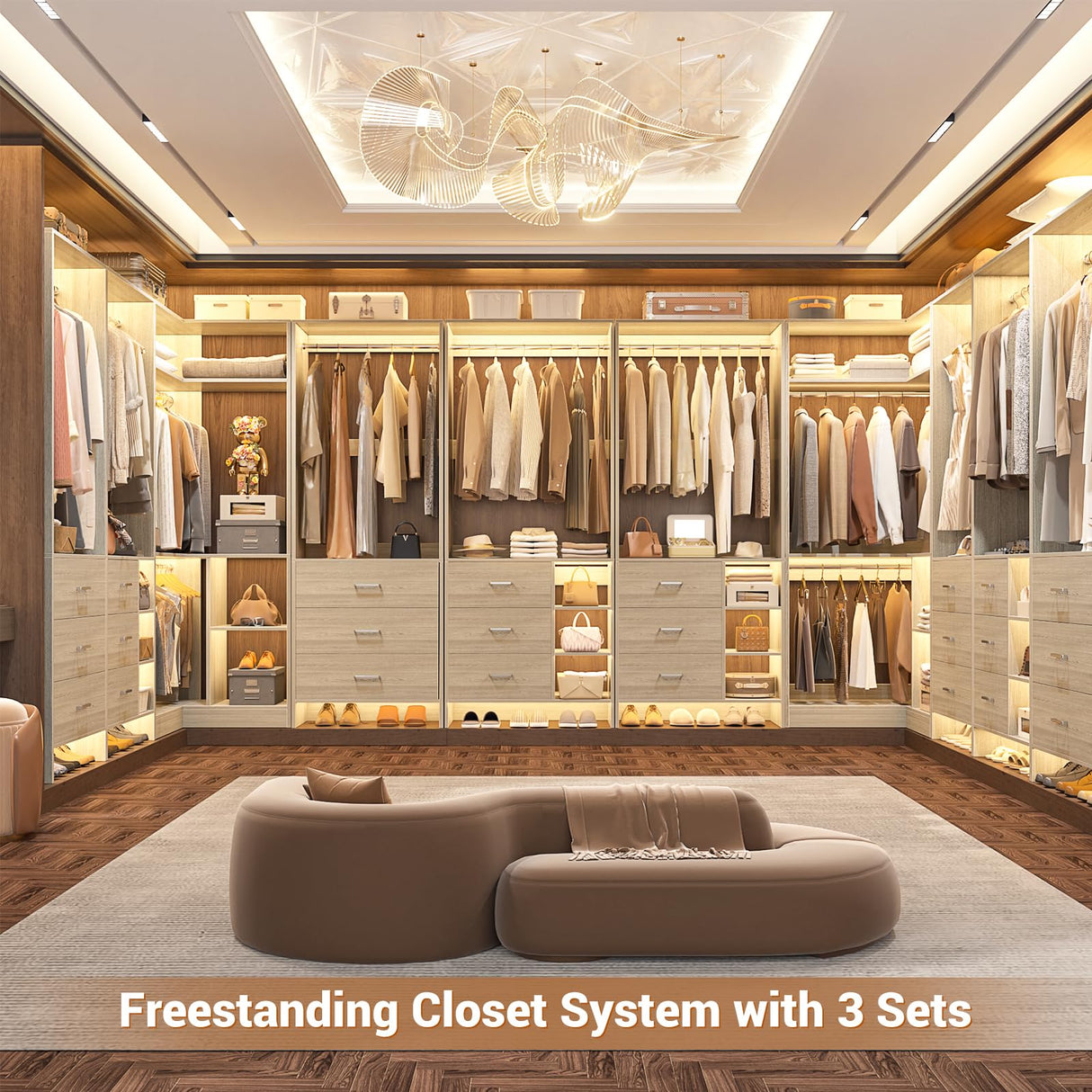 Aheaplus Closet System with 6 Drawers, 4 Hanging Rods & Corner Tower, Corner Closet System with Hanging, 86.8" L-Shaped Walk-In Wardrobe Organizer, 2000+ lbs Capacity, Set of 3, White Oak Aheaplus