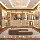 Aheaplus Closet System with 6 Drawers, 4 Hanging Rods & Corner Tower, Corner Closet System with Hanging, 86.8" L-Shaped Walk-In Wardrobe Organizer, 2000+ lbs Capacity, Set of 3, White Oak Aheaplus