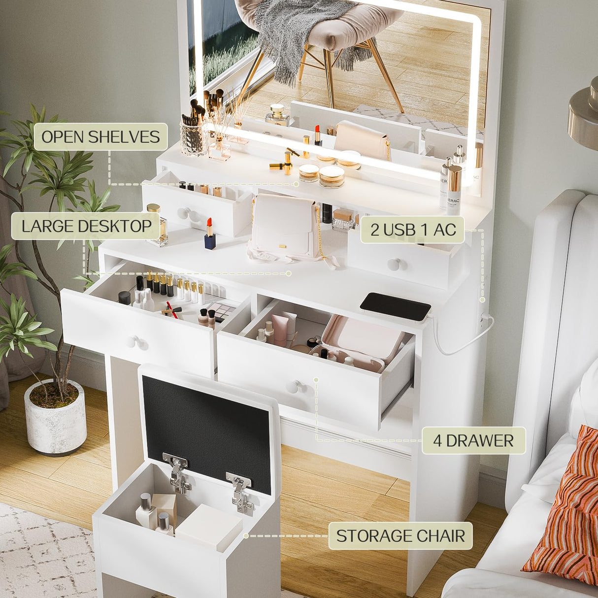 Haewon Vanity Desk with Mirror and LED Lights, White Makeup Vanity with Power Outlet, Storage Drawers and Chair, Dressing Table Set for Bedroom Dressing Room Haewon