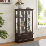 Lighted Glass Cabinet Curio Display Cabinet with Adjustable Glass Shelves 2 Doors and 1 Drawer Farmhouse Buffet Sideboard, Bulb Included, Brown Bituman
