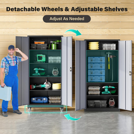 SISESOL Metal Storage Cabinet with Wheels,75 inch Rolling Garage Storage Cabinet with Lock,Gray Metal Cabinets with Wheels and Shelves,Tall Tool Cabinets on Wheel for Garage,Home,Office,Shop SISESOL