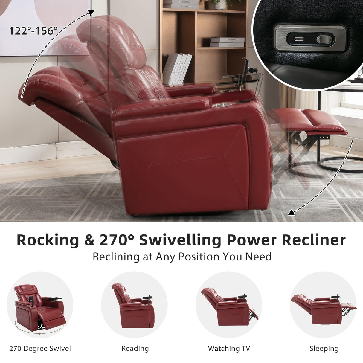 NCKMYB Mid-Century Modern Rocking Power Recliner Chair Swivel PU Leather Chair for Living Room – Cup Holder, Phone Holder, USB Port, Hidden Storage – Red NCKMYB