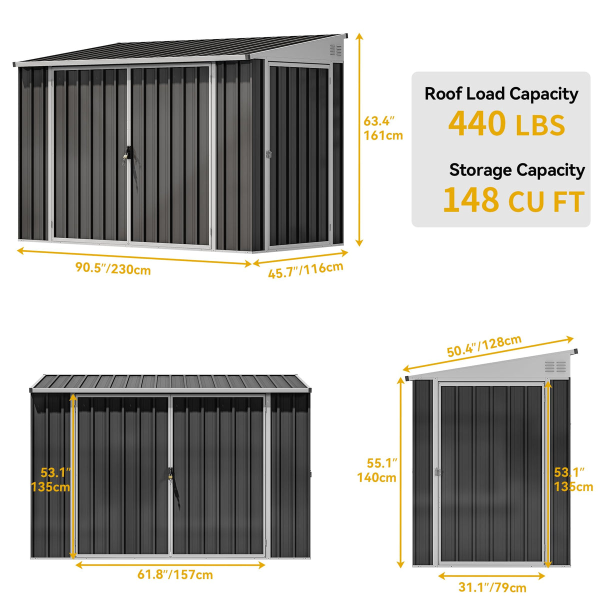 DWVO 8x4 FT Outdoor Weatherproof Storage Shed, Secure Metal Bike Shed w/Lockable Entry, Garden Storage Solution for Lawn Equipment, Tools, Waste Bin, Dark Gray DWVO