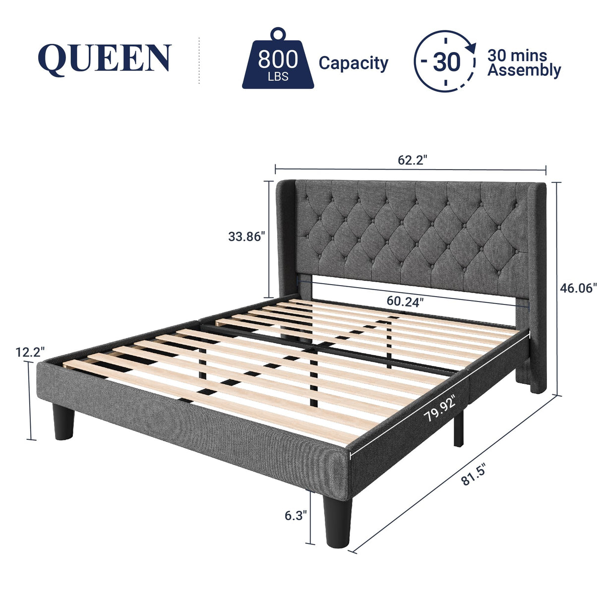 Allewie Queen Size Bed Frame with Button Tufted Wingback Headboard, Upholstered Platform Bed with Wooden Slats Support - No Box Spring Needed, Noise-Free, Easy Assembly, Dark Grey Allewie
