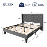 Allewie Queen Size Bed Frame with Button Tufted Wingback Headboard, Upholstered Platform Bed with Wooden Slats Support - No Box Spring Needed, Noise-Free, Easy Assembly, Dark Grey Allewie