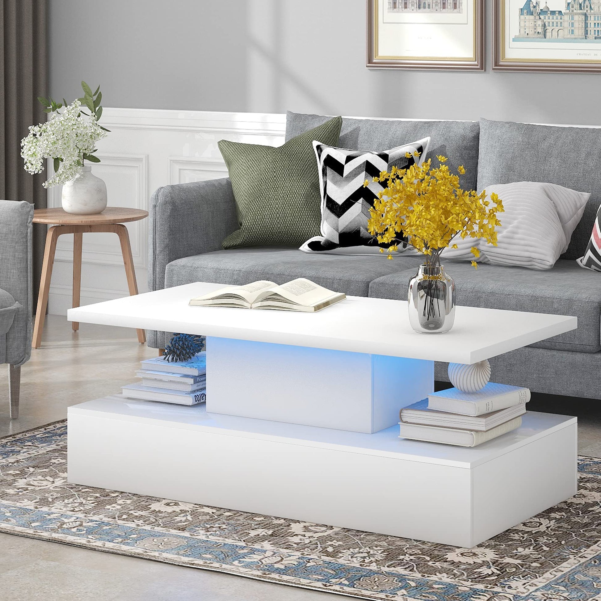 Merax 47.2'' 2-Tier LED Light White Coffee Table, Modern Industrial Design Cocktail Table with 16-color LED lighting and a remote control for Livingroom - WoodArtSupply