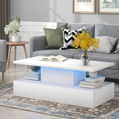 LUMISOL High Glossy UV Coffee Table with LED Lights, 2 Tiers Center Table with Remote Control, Rectangle Living Room Furniture, White - WoodArtSupply