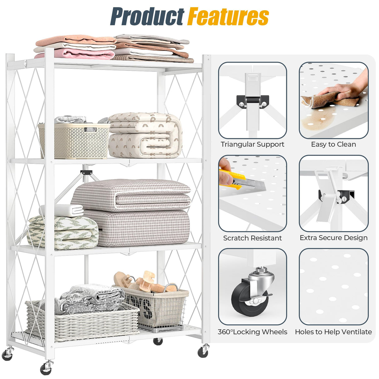 LUCKPRO 4-Tier Folding Metal Storage Rack - 50" Heavy-Duty Steel Frame with Wheels, No Assembly Utility Organizer, Rolling Shelving Unit for Kitchen, Garage, Pantry, Bedroom (White, 4 Tier) LUCKPRO