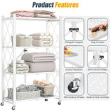 LUCKPRO 4-Tier Folding Metal Storage Rack - 50" Heavy-Duty Steel Frame with Wheels, No Assembly Utility Organizer, Rolling Shelving Unit for Kitchen, Garage, Pantry, Bedroom (White, 4 Tier) LUCKPRO