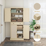 YHAOWORKS Kitchen Pantry Storage Cabinet - Rattan 4 Doors 1 Drawer Tall Cabinet with Adjustable Shelf and 6 Shelves, 72'' Freestanding Cupboard for Living Room, Dining Room, Bathroom (Natural) YHAOWORKS