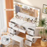 SMOOL Vanity with Lighted Mirror, Makeup Vanity Desk with Power Outlet and LED Bulbs, 3 Color Lighting Modes Adjustable Brightness, 7 Drawers Vanity Table with Cushioned Stool for Bedroom, Marble SMOOL