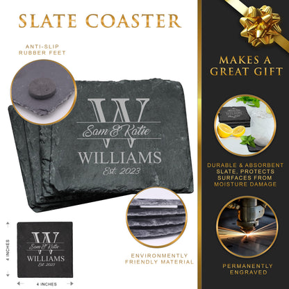 Custom Engraved Slate Coasters Set of 4 - Monogrammed Coasters for Drinks, Weddings, Couples, Anniversaries - Personalized (Square) - WoodArtSupply