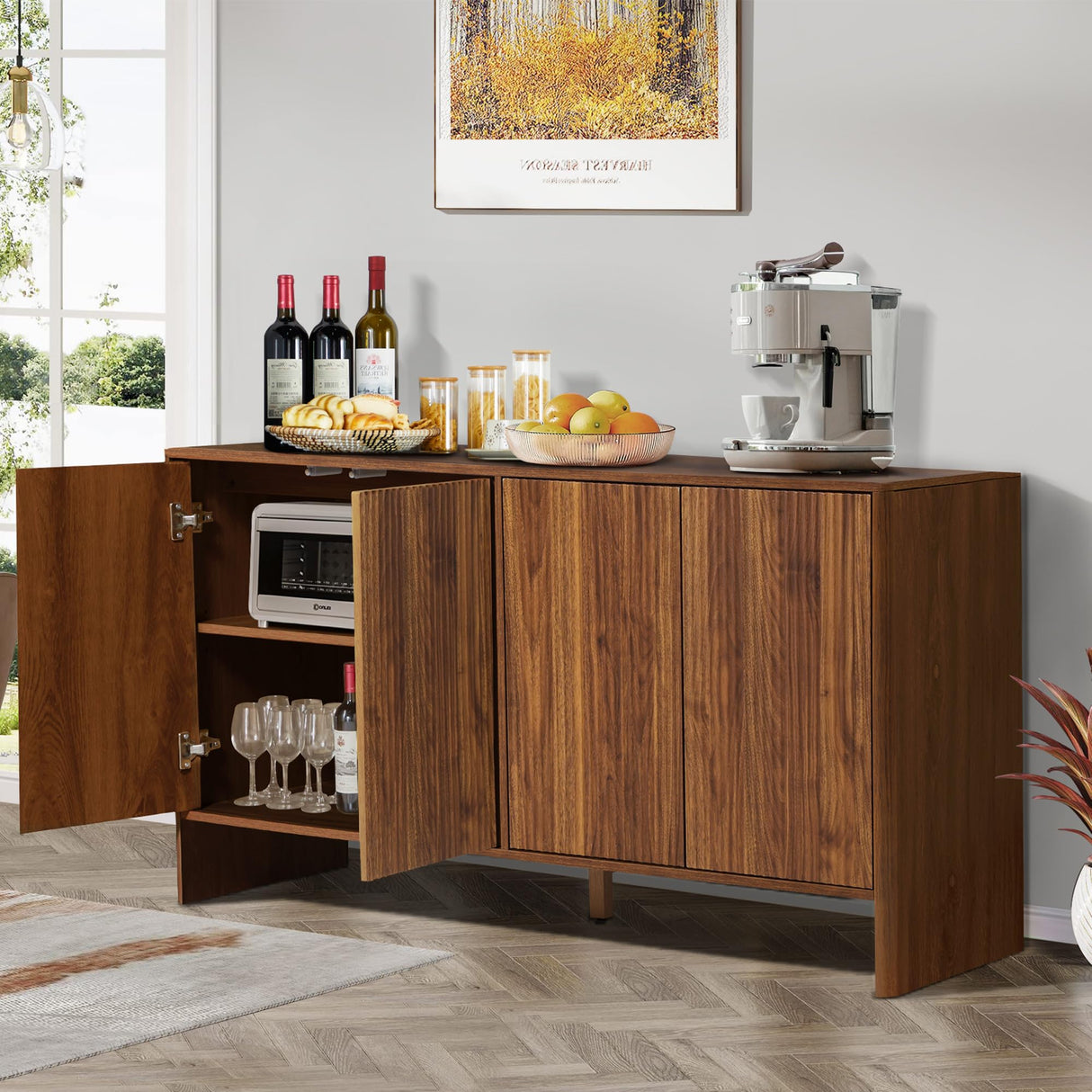 Sideboard Buffets Cabinet, Modern Accent Storage Cabinet with 4 Fluted Doors and Adjustable Shelves, Wood Credenza Buffet Sideboards, Console Table for Kitchen Dining Living Room Entryway (Walnut) XUZENEST