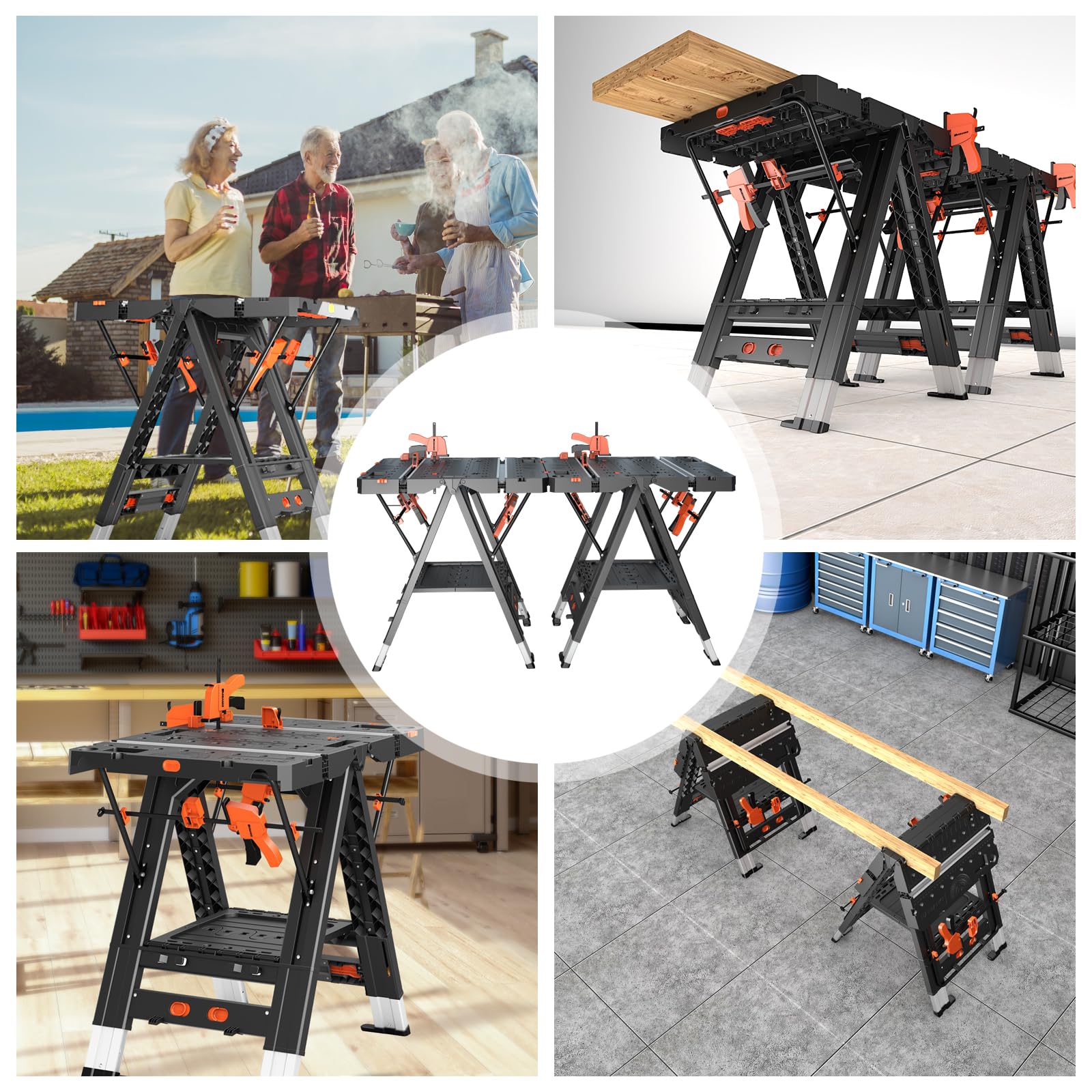 LARBANKE Combined Portable Folding Work Table,2-in-1 Sawhorse & Workbench,Waterproof Workbench with Extra Load Capacity with 8 Woodworking Clamps,8 Connecting Blocks,4 Limit Blocks - WoodArtSupply