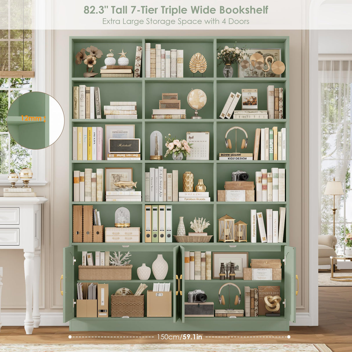 FACBOTALL 82.3" Triple Wide Bookshelf, 7-Tier Tall Bookcase with 15-Cube Open Bookshelf & 4 Doors, Large Bookshelf with Storage Cabinet, Modern Bookshelf for Living Room, Office, Study Room, Green FACBOTALL