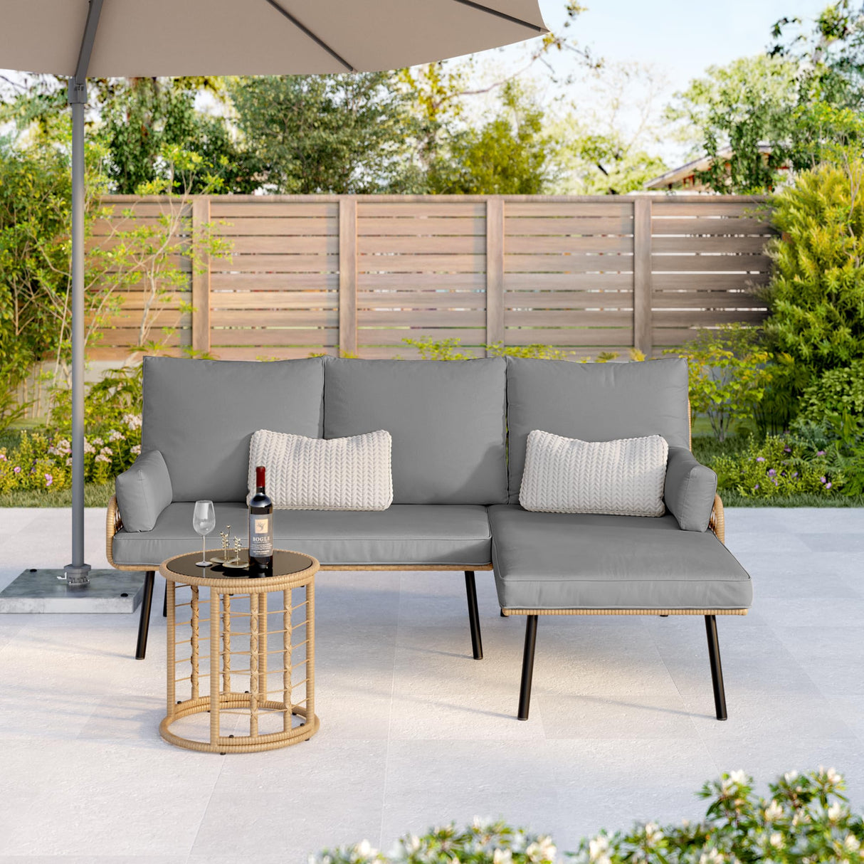 Gizoon Outdoor Patio Furniture Set, Wicker Rattan L-Shaped Conversation Sectional Sofa Set with Thick Cushions, Detachable Lounger and Side Table for Backyard, Porch, Balcony, Pool (Grey) Gizoon